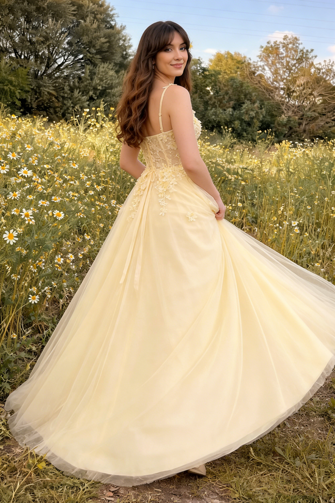 Unique Champagne Tulle Prom Gown Floral Applique Corset Straps Ball Skirt,OLP2118