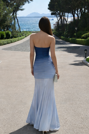Beautiful Ombre Blue Strapless Prom Gown Ruched Bodice Flowy Chiffon Skirt,OLP2070
