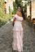 Unique Blush Pink Off Shoulder Prom Dress Tiered Ruffle Linen Casual Formal Gown,OLP2078