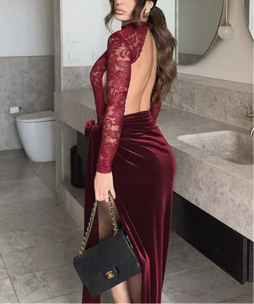 Sexy Red Halter Long Sleeve Mermaid Side Slit Long Prom Dress Ideas, Evening Party Dresses, OLP1377