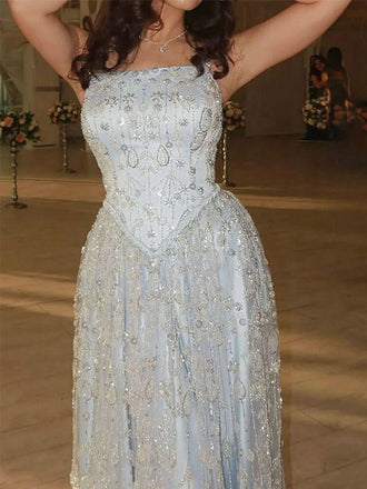 Shiny Blue Spaghetti Strap Mermaid Long Prom Dress Ideas, Evening Party Dresses, OLP1427