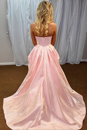 Modern Pink Taffeta High-Low Prom Dress Corset Bodice Pleated Party Gown,OLP1800