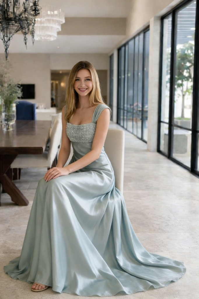 Pretty Ice Blue Empire Waist Prom Dress Beaded Bodice Sleeveless Formal Gown,OLP1912