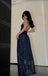 Sexy Navy Blue V-Neck Sequin Prom Gown Sparkling Sleeveless Sheath Dress with Slit,OLP1813