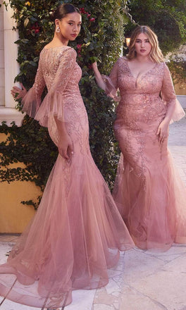 Unique Pink Lace Long Sleeve Mermaid  Long Prom Dress Ideas, Evening Party Dresses, OLP1333