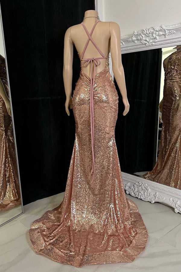 Sparkly Dusty Rose V-Neck Mermaid Long Prom Dress Ideas, Evening Party Dresses, OLP1615