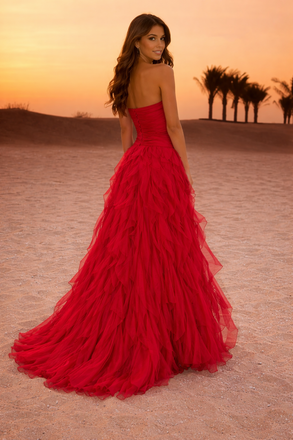 Modern Red Pleated Prom Dress Strapless Sweetheart Ruffled Floor Length Gown,OLP2094