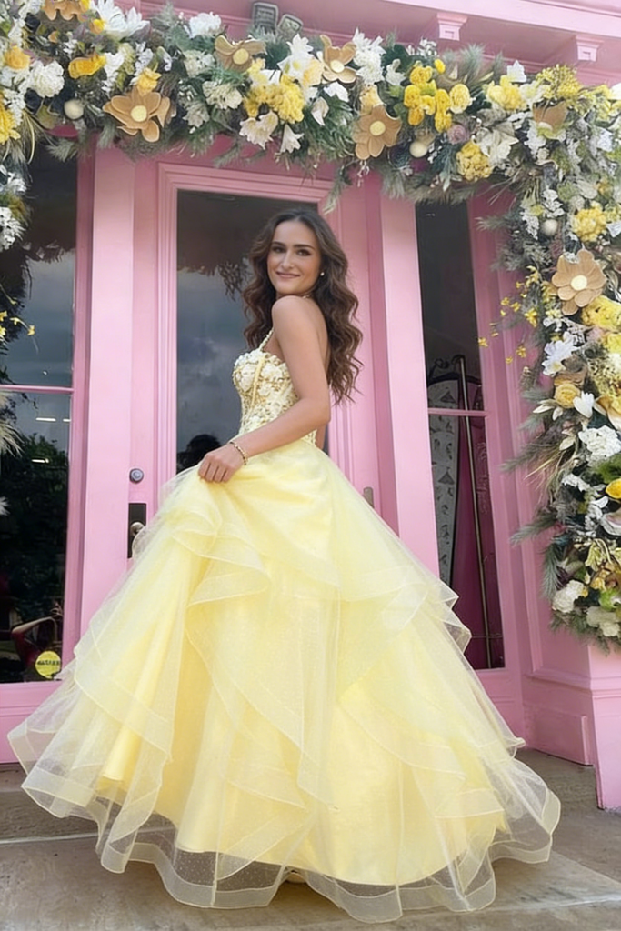 Fancy Yellow Tulle Tiered Ball Gown Lace Bodice Sweetheart Neck Prom Dress,OLP2050