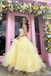 Fancy Yellow Tulle Tiered Ball Gown Lace Bodice Sweetheart Neck Prom Dress,OLP2050