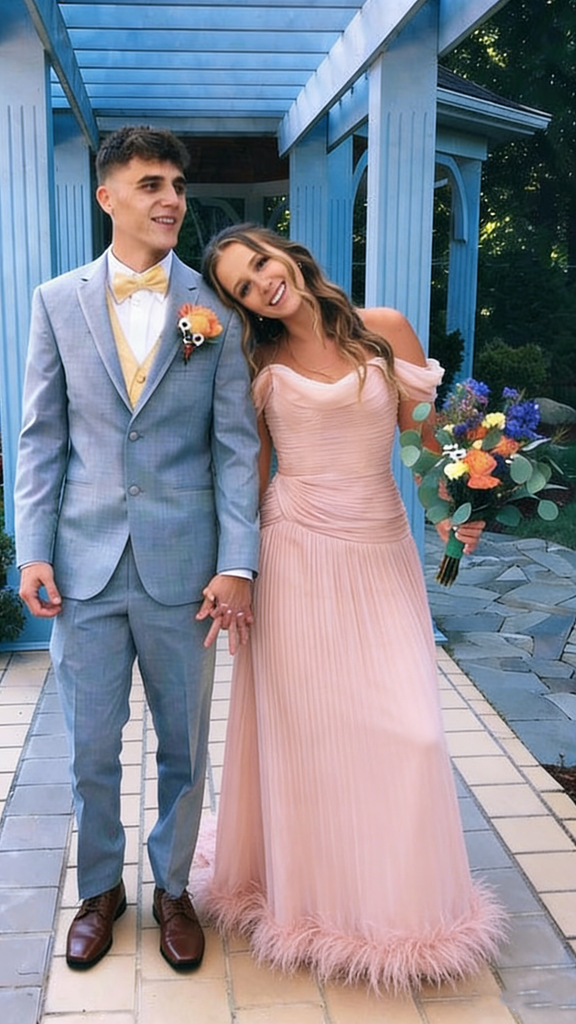 Elegant Off-Shoulder Pink Prom Gown Pleated Chiffon Maxi Dress with Feather Trim,OLP1879