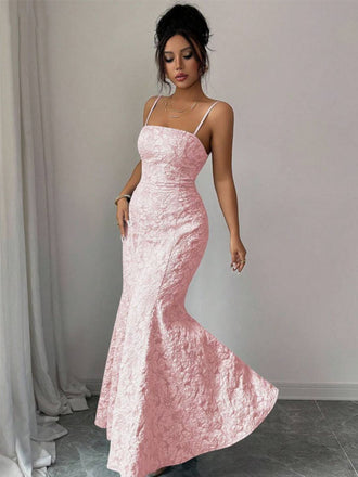 Elegant Applique Pink Spaghetti Strap Mermaid  Long Prom Dress Ideas, Evening Party Dresses, OLP1464