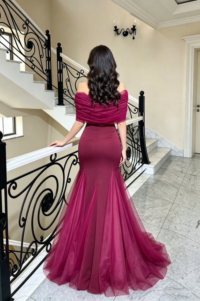 Elegant Burgundy Red Off-the-Shoulder Twist Front Tulle Mermaid Prom Dress,OLP2218