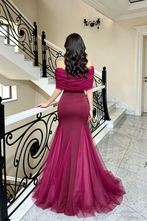 Elegant Burgundy Red Off-the-Shoulder Twist Front Tulle Mermaid Prom Dress,OLP2218