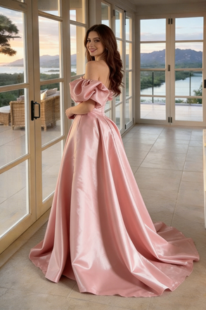 Modern Pink Satin Prom Gown Off Shoulder Puff Sleeve Elegant Ball Gown,OLP2177