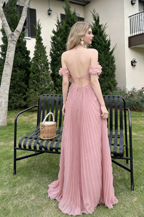 Pretty Dusty Rose Pleated Prom Gown Floral Trim Strapless Flowy Evening Wear,OLP2130