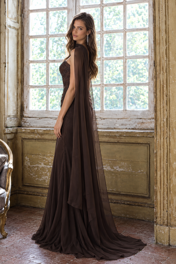 Modern Brown One-Shoulder Cape Beaded Evening Prom Dress,OLP2479