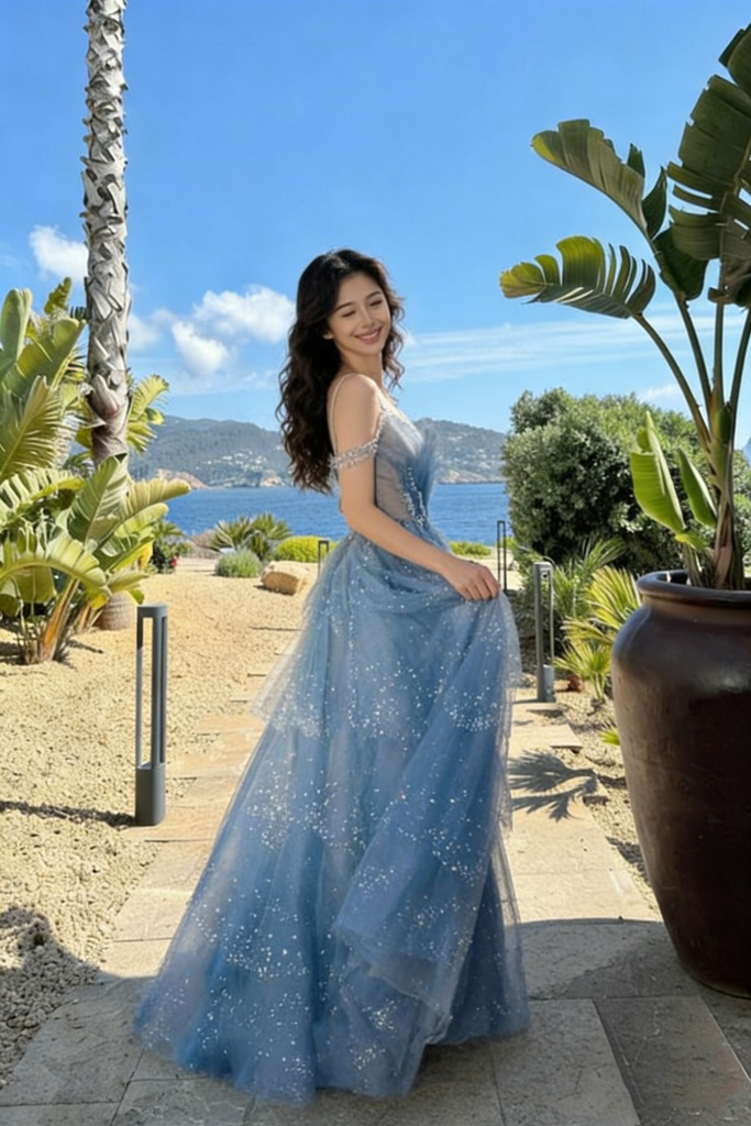 Dreamy Dusty Blue Tiered Prom Gown Beaded Tulle Spaghetti Strap Dress,OLP2031