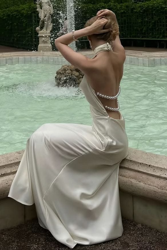 Elegant Ivory Silk Halter Neck Prom Gown Cowl Front Choker,OLP2107