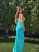 Fancy Teal Blue Satin Spaghetti-Strap Prom Dress with Side Slit,OLP1783