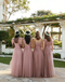 Romantic Dusty Rose Tulle Bridesmaid Dresses with Bow Sash Off-Shoulder Fairy Gowns,BG955