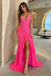 Fancy Hot Pink Sparkle Prom Dress Spaghetti Strap Ruffle Slit Evening Gown,OLP2460