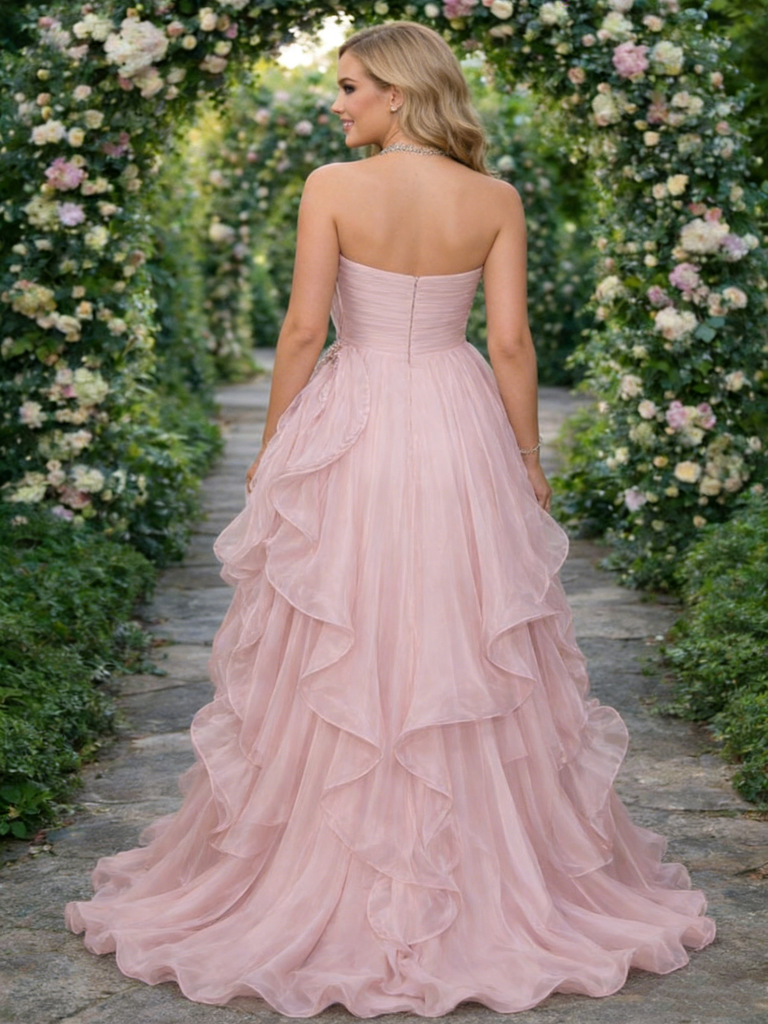 Classy Rose Pink Organza Ball Gown Featuring Oversized Floral Shoulder Detail,OLP1898