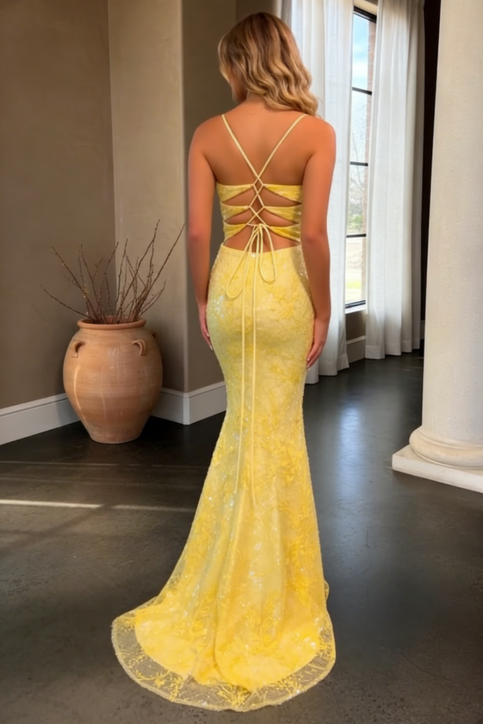 Beautiful Yellow Shimmer Prom Dress Cowl Neck Glitter Fitted Party Gown,OLP2087