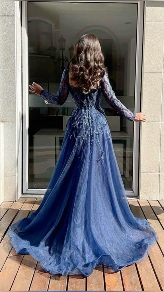 Unique Navy Blue Long Sleeve A-Line Long Prom Dress Ideas, Evening Party Dresses, OLP1564