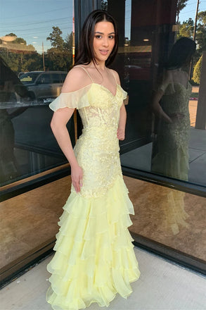 Elegant Yellow Spaghetti Strap Mermaid Long Prom Dress Ideas, Evening Party Dresses, OLP1576