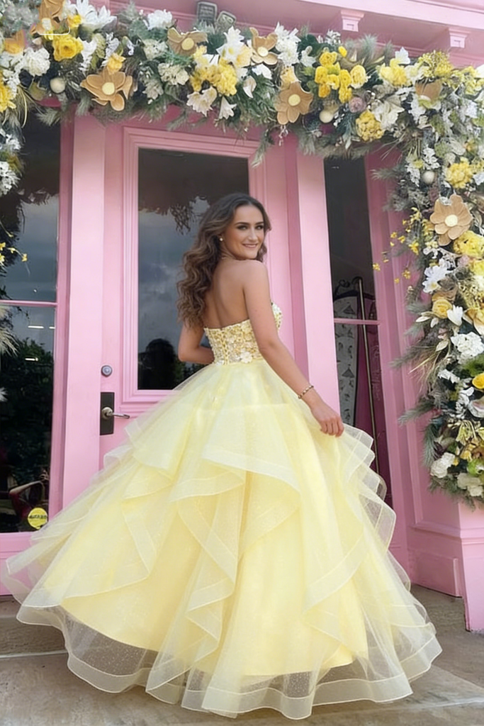 Fancy Yellow Tulle Tiered Ball Gown Lace Bodice Sweetheart Neck Prom Dress,OLP2050