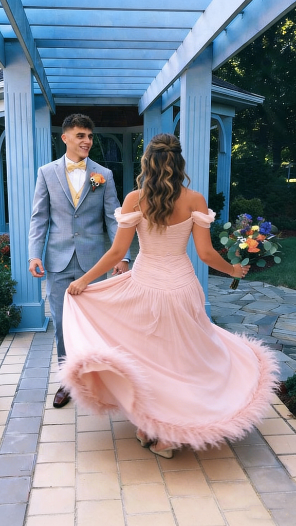 Elegant Off-Shoulder Pink Prom Gown Pleated Chiffon Maxi Dress with Feather Trim,OLP1879