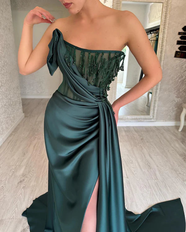 Chic Green Sweetheart Mermaid Side Slit Long Prom Dress Ideas, Evening Party Dresses, OLP1603