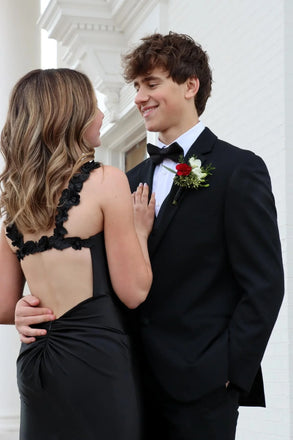 Sleek Black Mermaid Prom Dress with High Slit plus Floral Strap Detail,OLP2039