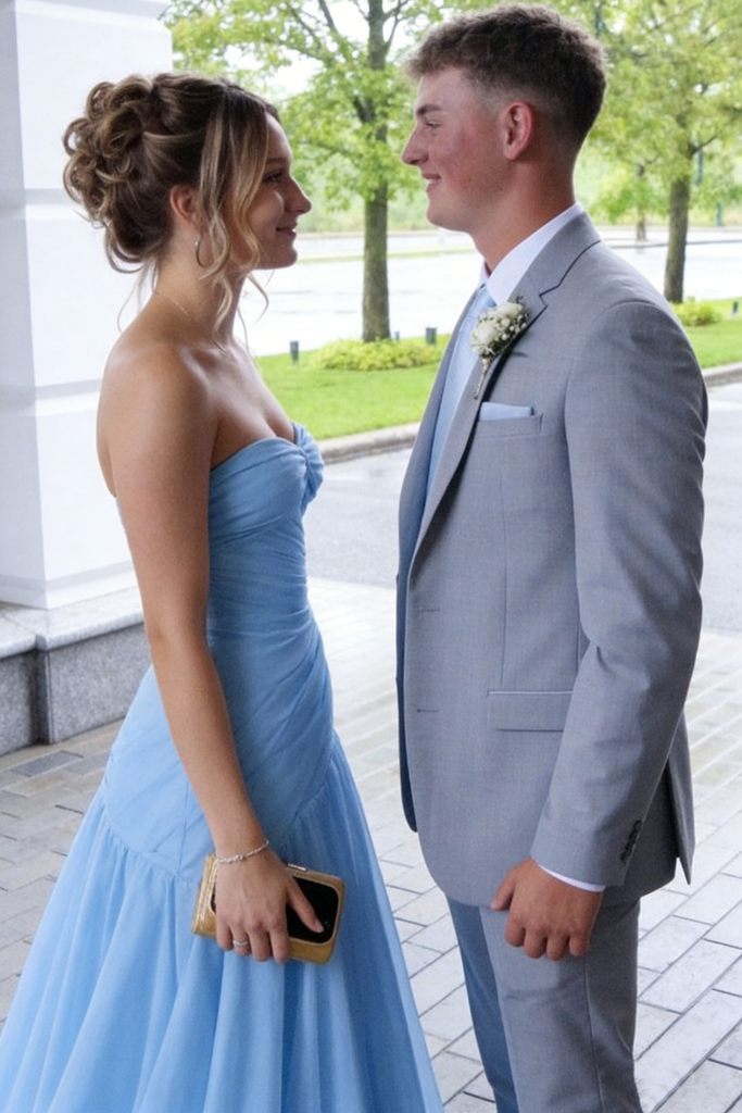 Chic Light Blue Strapless Chiffon Prom Dress Pleated A-Line Formal Dance Wear,OLP1851