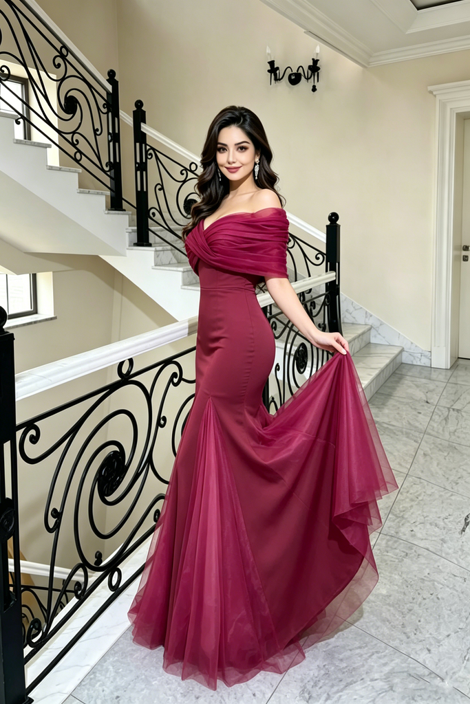 Elegant Burgundy Red Off-the-Shoulder Twist Front Tulle Mermaid Prom Dress,OLP2218