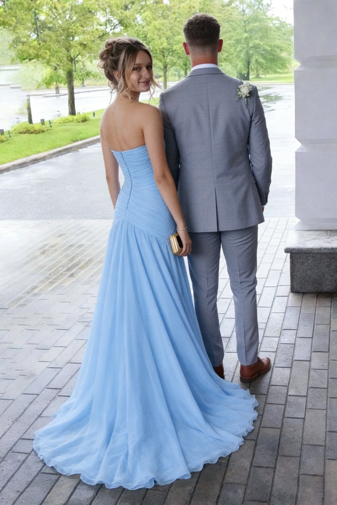 Chic Light Blue Strapless Chiffon Prom Dress Pleated A-Line Formal Dance Wear,OLP1851