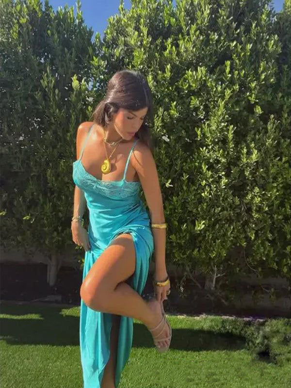 Fancy Teal Blue Satin Spaghetti-Strap Prom Dress with Side Slit,OLP1783