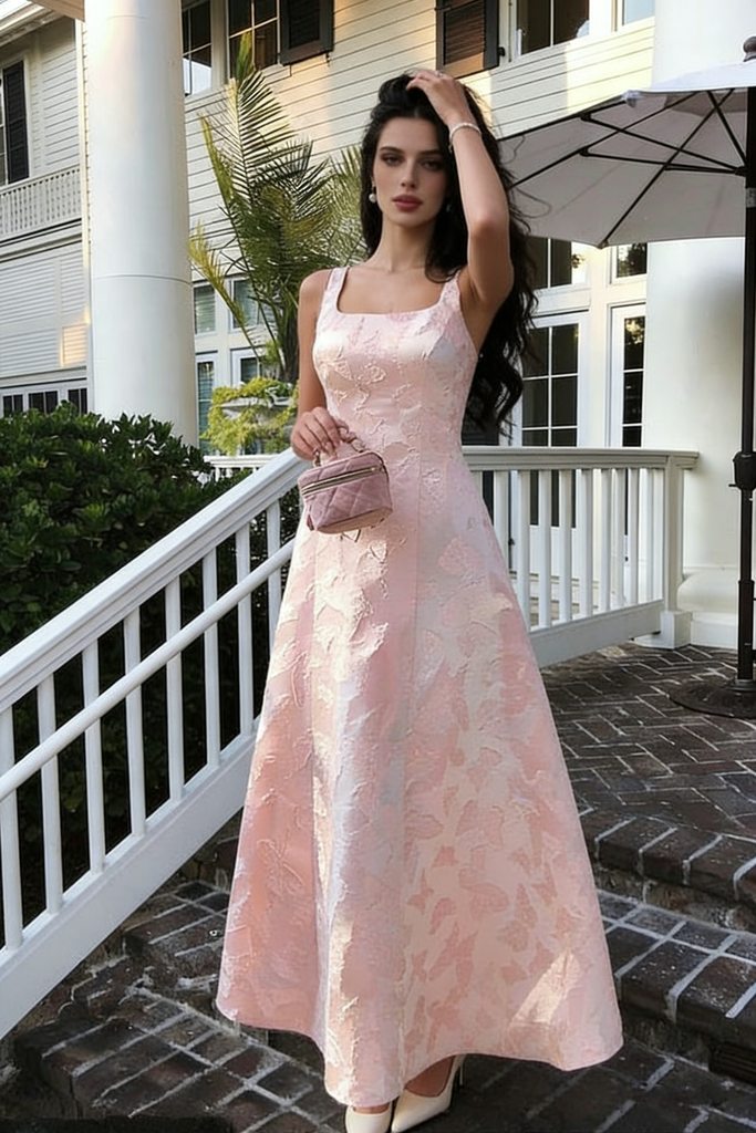 Fancy Pink A-Line Prom Dress Square Neck Butterfly Pattern Midi,OLP1969