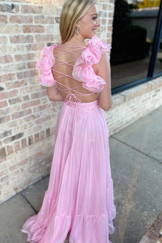 Unique Floral Applique Pink Prom Dress Ruched Bodice Flowy A-Line Evening Gown,OLP1828