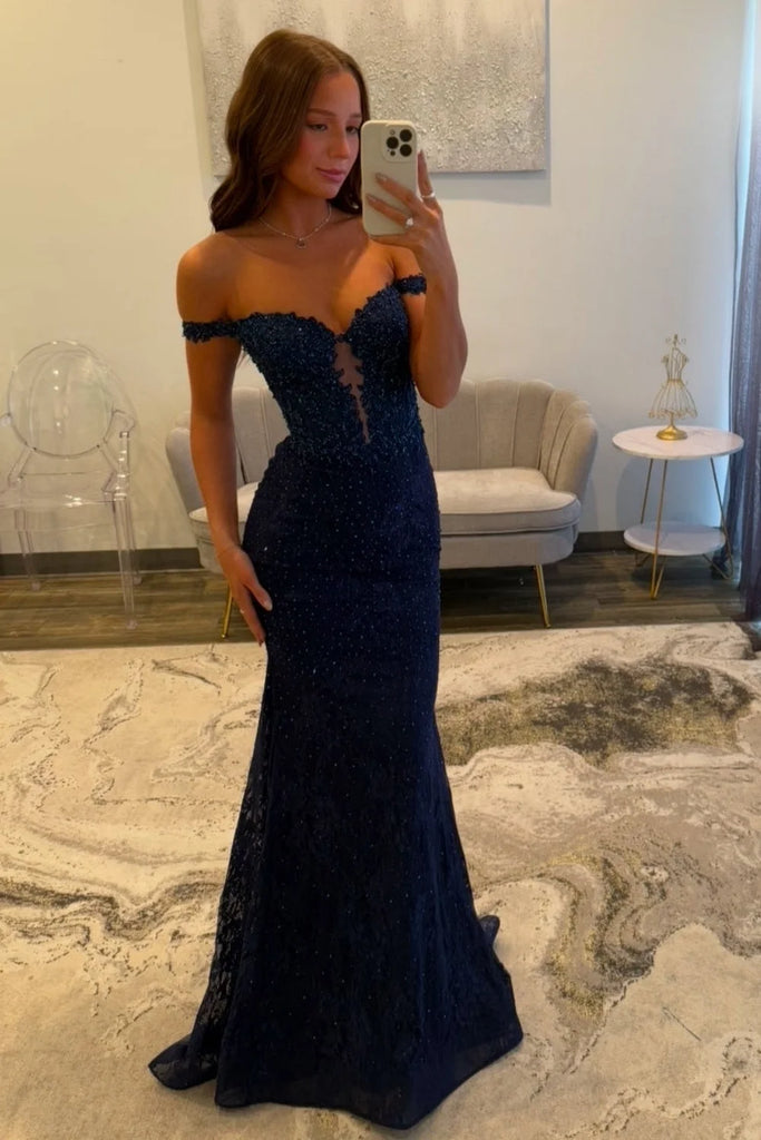 Elegant Navy Blue Off-Shoulder Mermaid Long Prom Dress Ideas, Evening Party Dresses, OLP1670