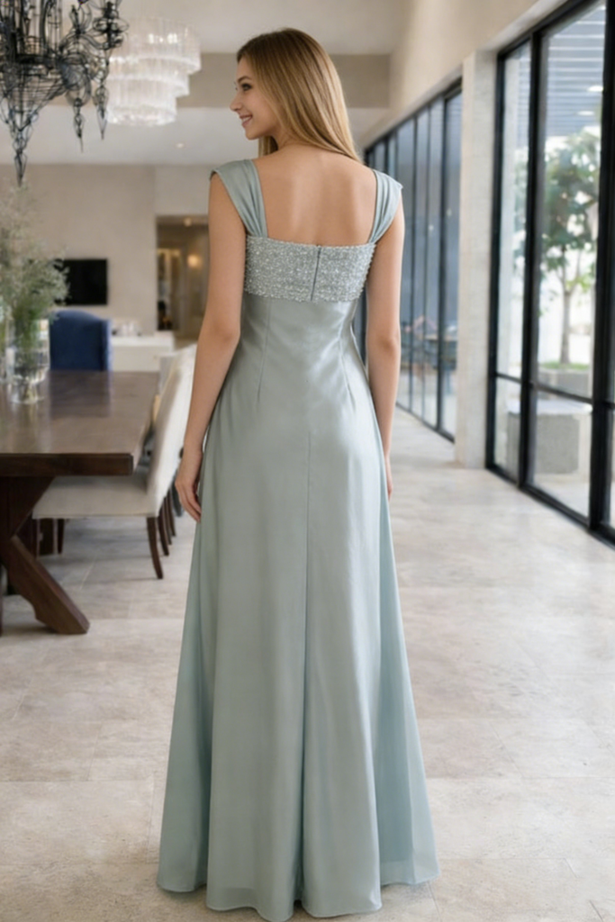 Pretty Ice Blue Empire Waist Prom Dress Beaded Bodice Sleeveless Formal Gown,OLP1912