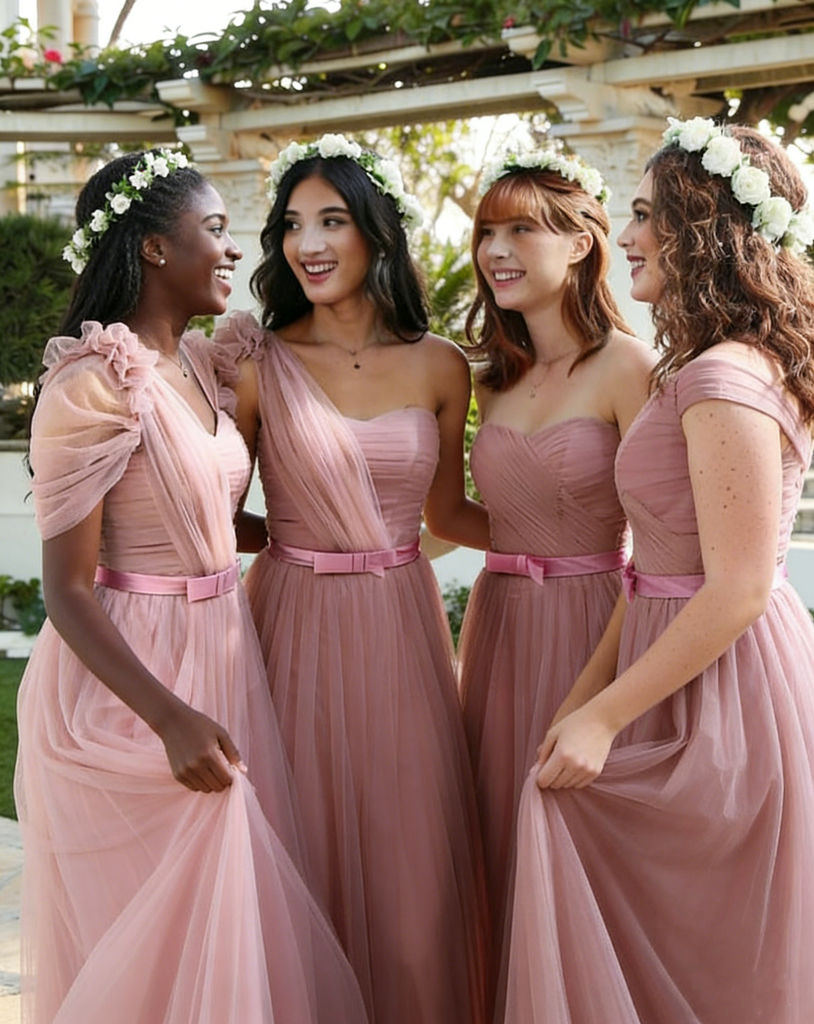 Romantic Dusty Rose Tulle Bridesmaid Dresses with Bow Sash Off-Shoulder Fairy Gowns,BG955