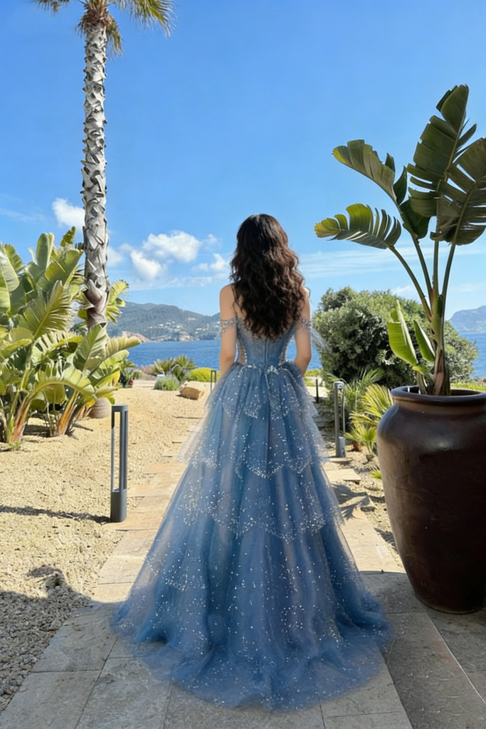 Dreamy Dusty Blue Tiered Prom Gown Beaded Tulle Spaghetti Strap Dress,OLP2031