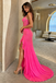 Fancy Hot Pink Sparkle Prom Dress Spaghetti Strap Ruffle Slit Evening Gown,OLP2460