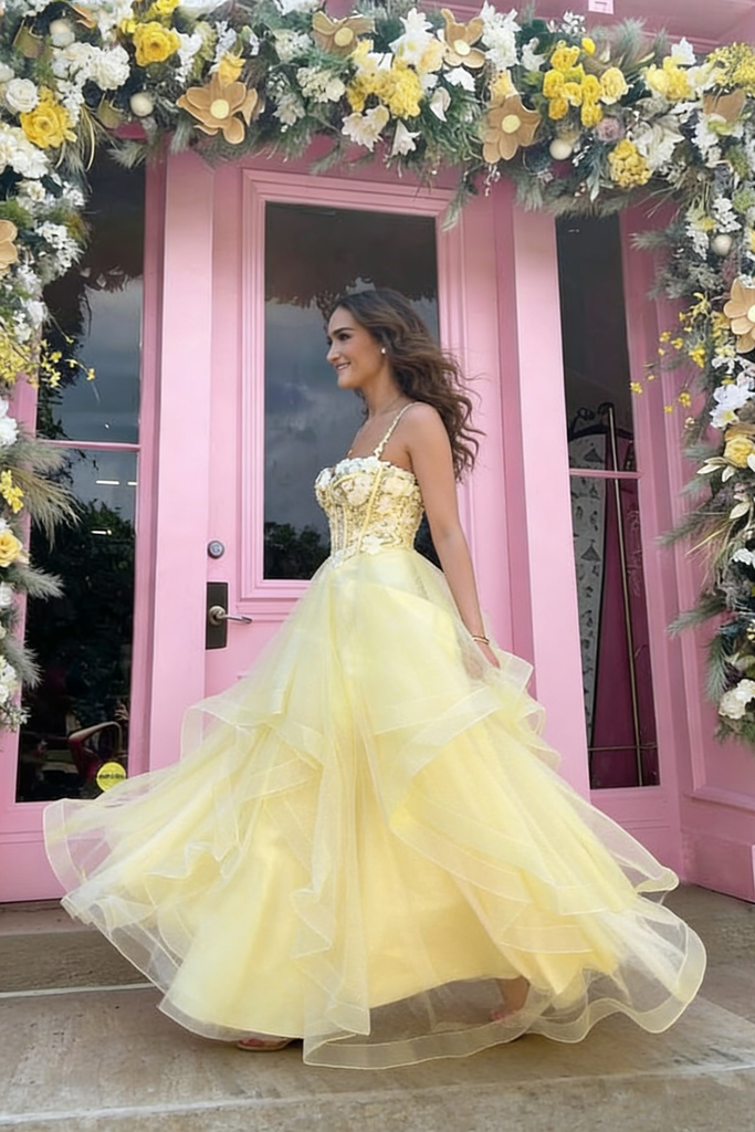 Fancy Yellow Tulle Tiered Ball Gown Lace Bodice Sweetheart Neck Prom Dress,OLP2050