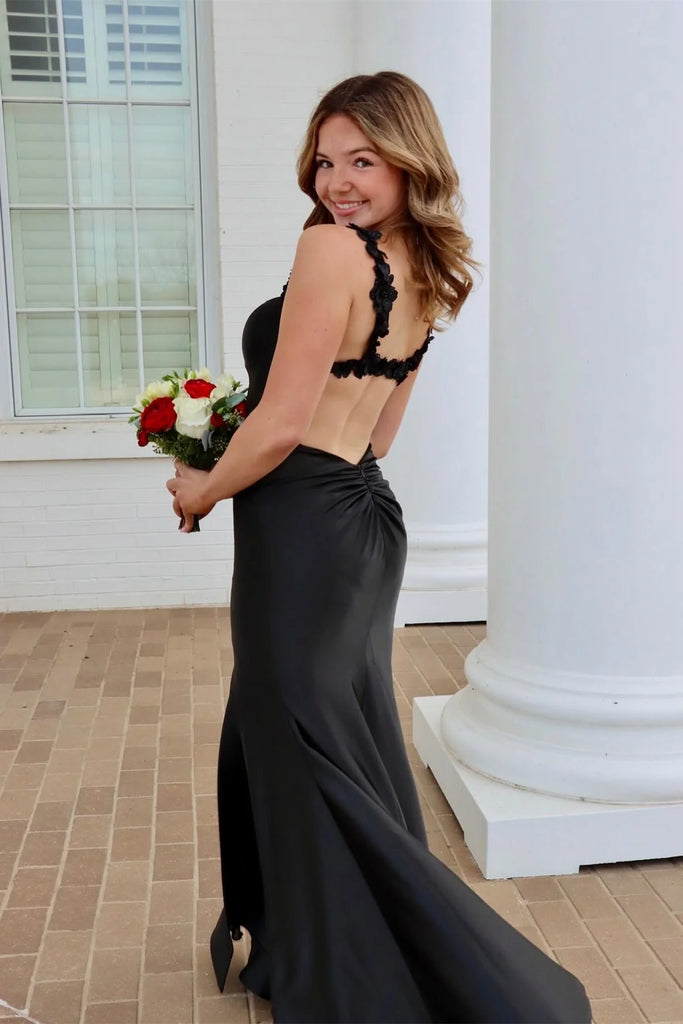 Sleek Black Mermaid Prom Dress with High Slit plus Floral Strap Detail,OLP2039