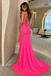 Fancy Hot Pink Sparkle Prom Dress Spaghetti Strap Ruffle Slit Evening Gown,OLP2460