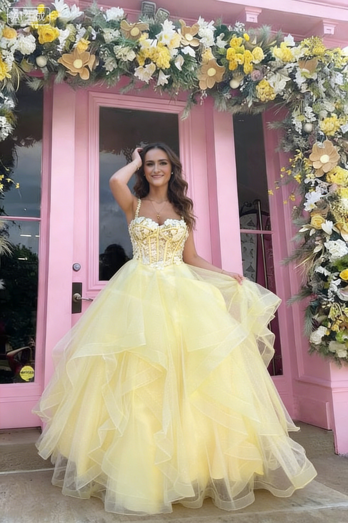 Fancy Yellow Tulle Tiered Ball Gown Lace Bodice Sweetheart Neck Prom Dress,OLP2050
