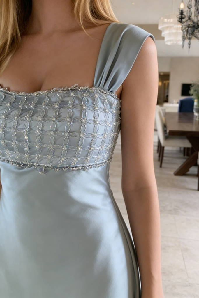 Pretty Ice Blue Empire Waist Prom Dress Beaded Bodice Sleeveless Formal Gown,OLP1912