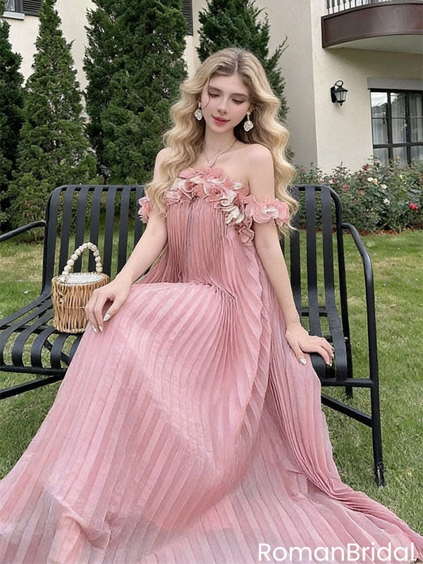 Pretty Dusty Rose Pleated Prom Gown Floral Trim Strapless Flowy Evening Wear,OLP2130